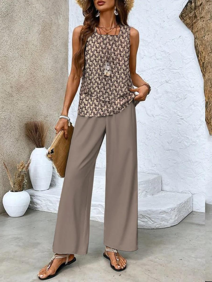 Two Piece Set Women Summer Outfit Sleeveless Top Wide Leg Pants