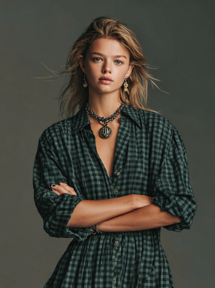 Plaid Shirt Dress Maxi Length Long Sleeve Button Front