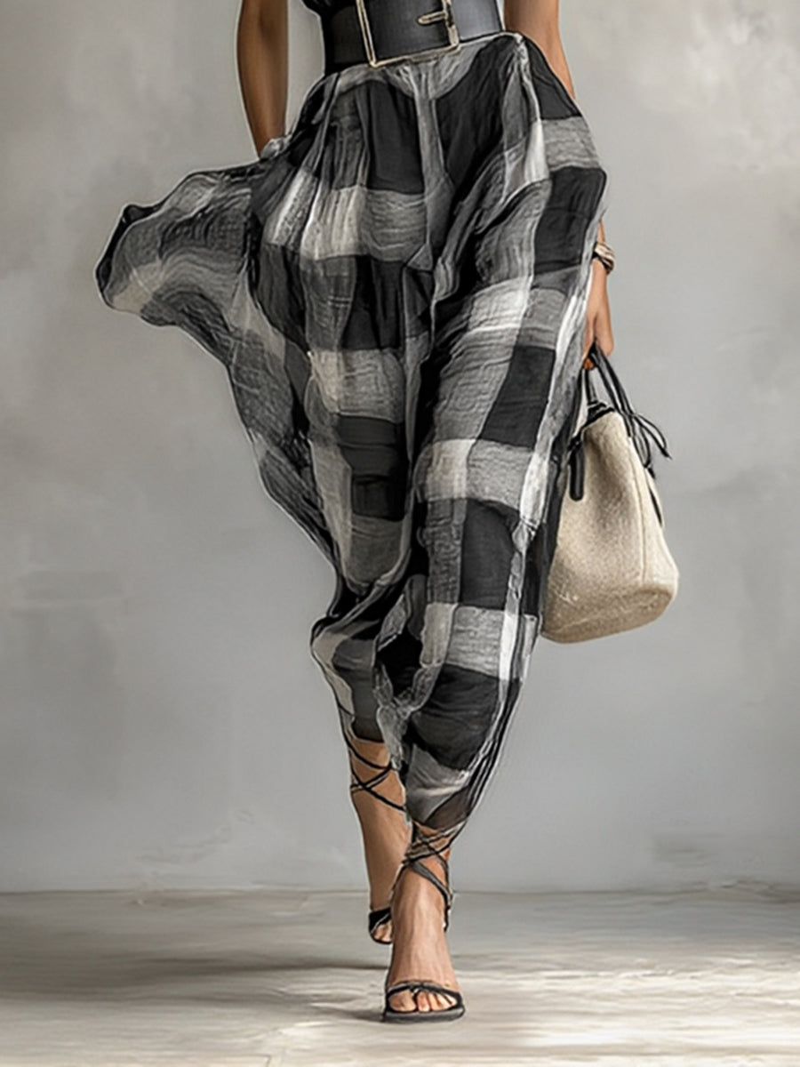 Plaid Linen Maxi Dress with Belt - V-Neck Cap Sleeve