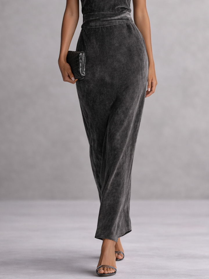 Velvet Maxi Dress Square Neck High Waist Grey Evening Gown
