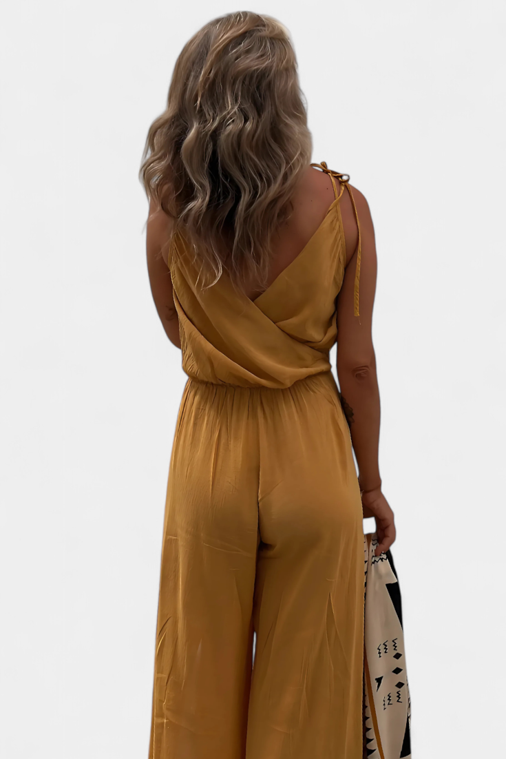 Cotton Jumpsuit Wide Leg Casual Summer Outfit with V-Neck