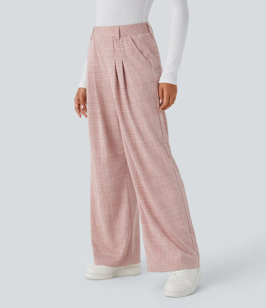 Wide Leg Plaid Pants - High Waisted Houndstooth Trousers
