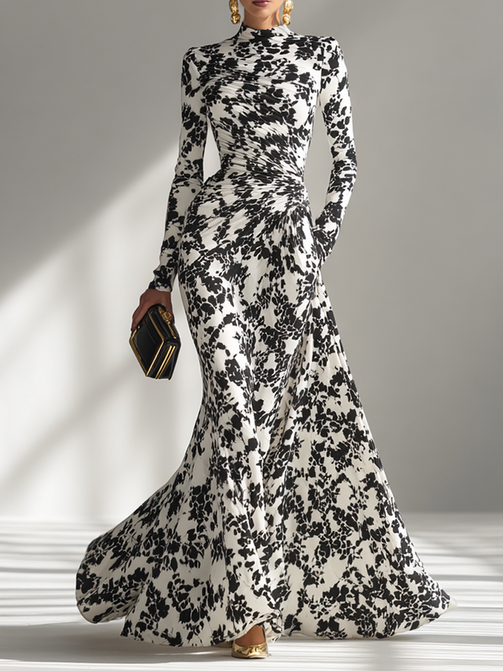 Floral Maxi Dress Long Sleeve High Neck Black White Print