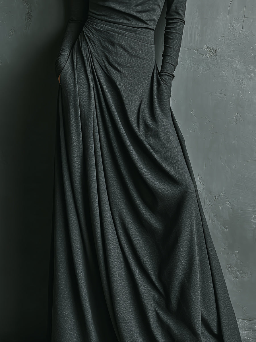 Turtleneck Maxi Dress for Women - Charcoal Long Sleeve Draped