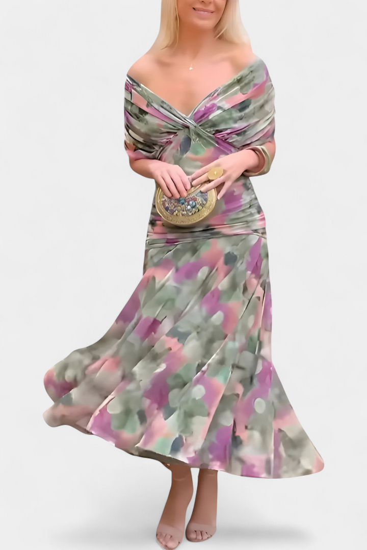 Floral V-Neck Maxi Dress with Pleated Waist - Long Sleeve
