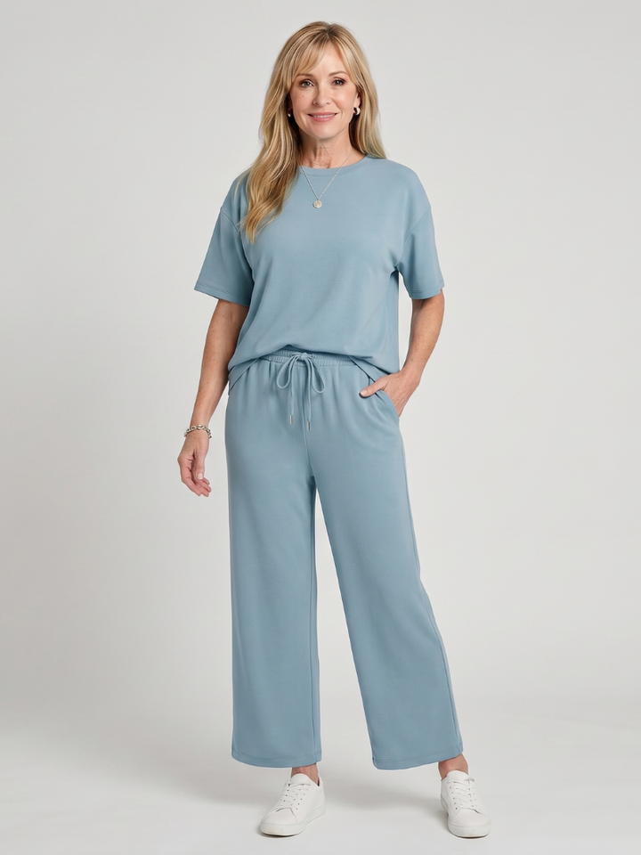 Two Piece Set Short Sleeve Top and Straight Leg Pants