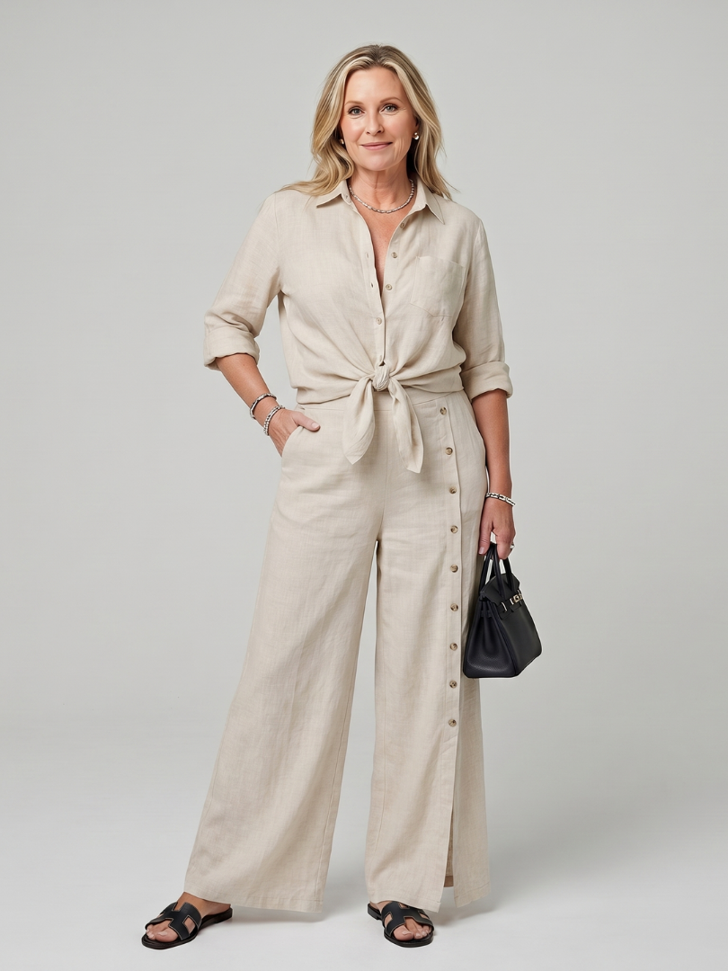 Two Piece Set Long Sleeve Tie Front Top Wide Leg Pants