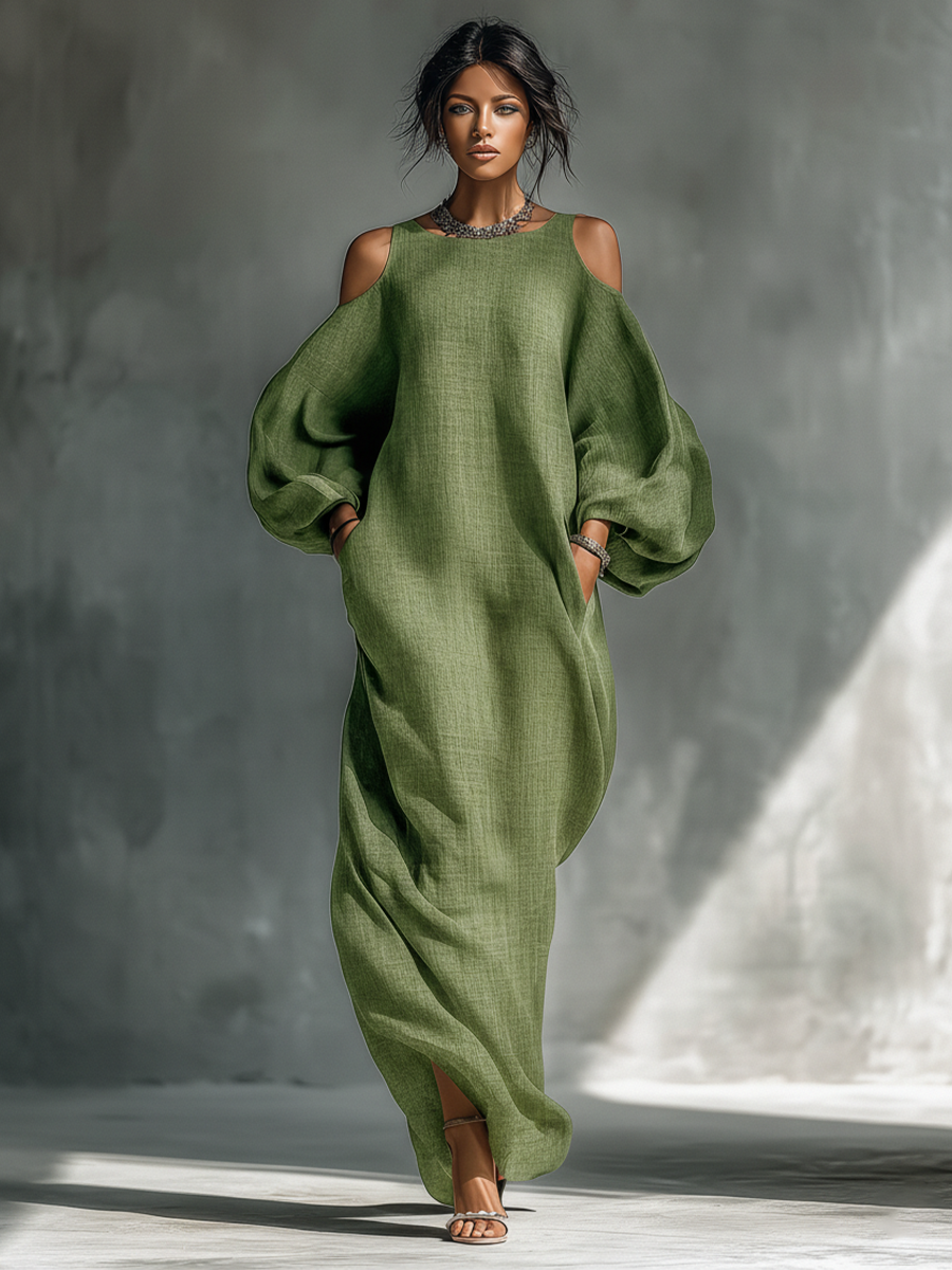 Cold Shoulder Maxi Dress with Puff Sleeves and Pockets
