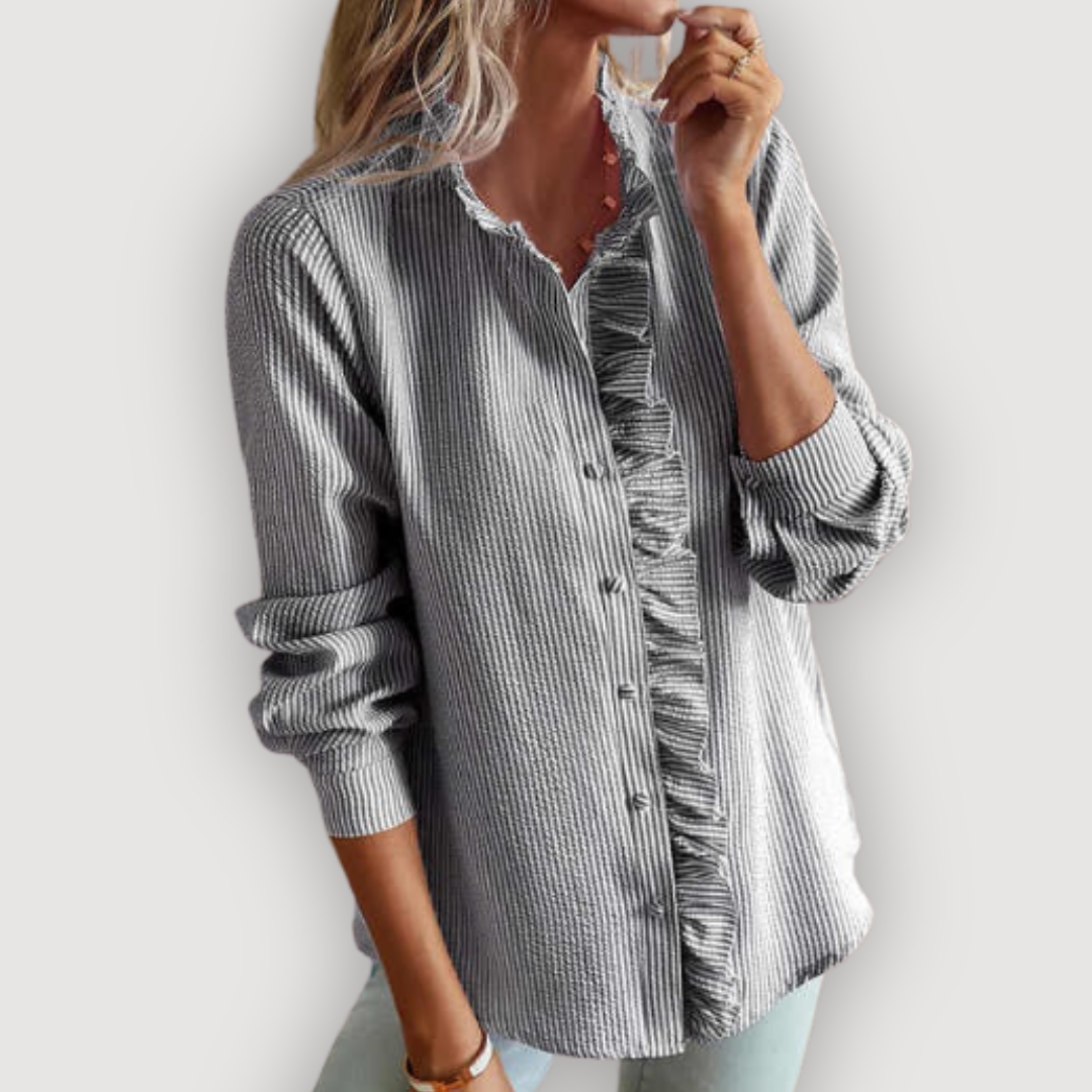 Ruffle Trim Blouse for Women | Striped Button Front Top