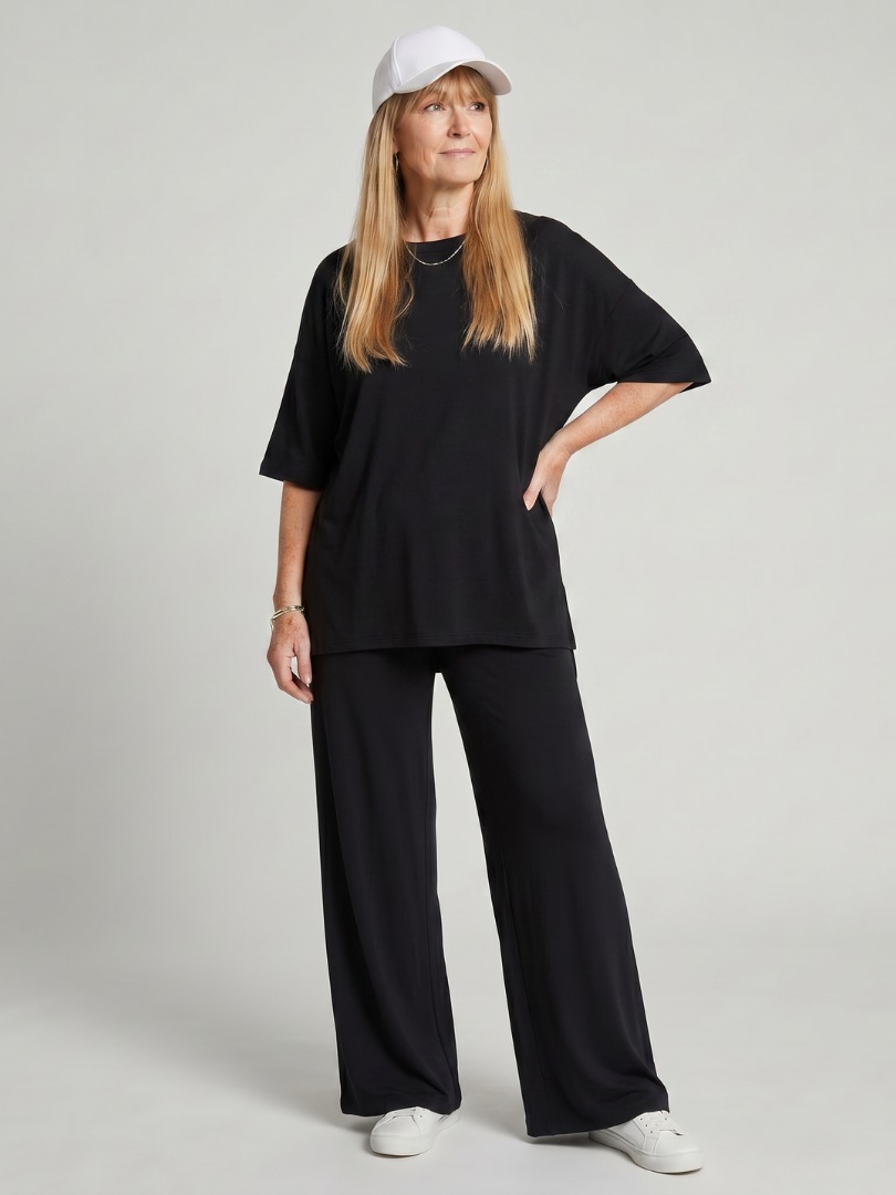 Oversized Two Piece Set - Short Sleeve Top and Wide Leg Pants