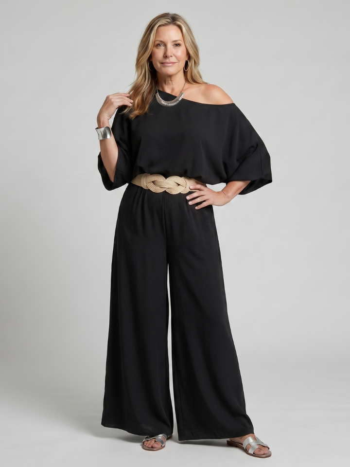 One Shoulder Top and Wide Leg Pants Set for Women