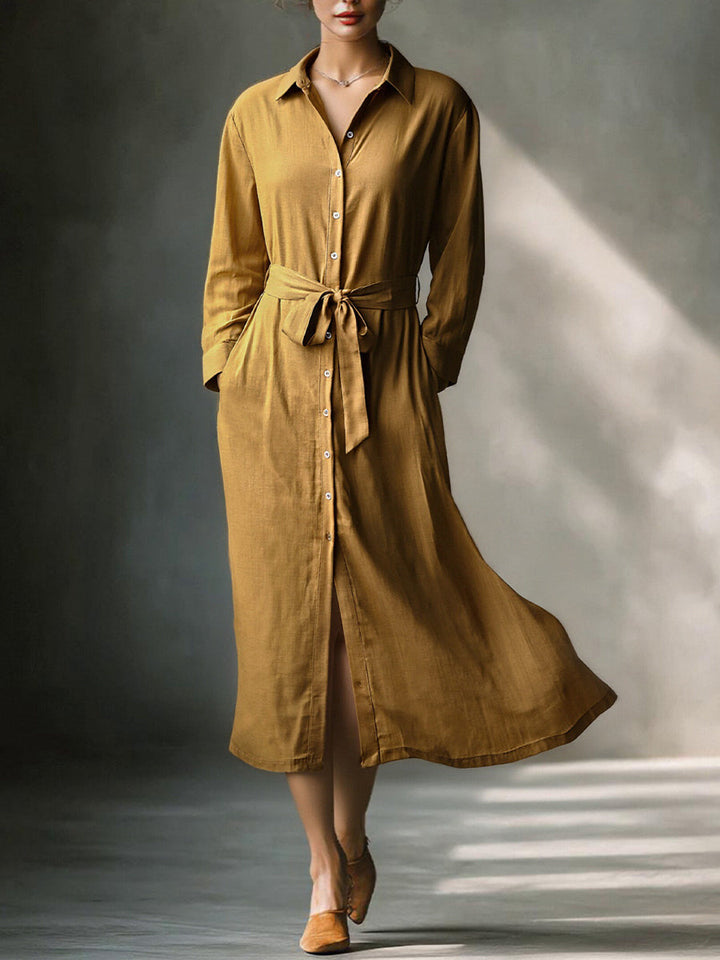 Mustard Linen Midi Shirt Dress with Belt for Women