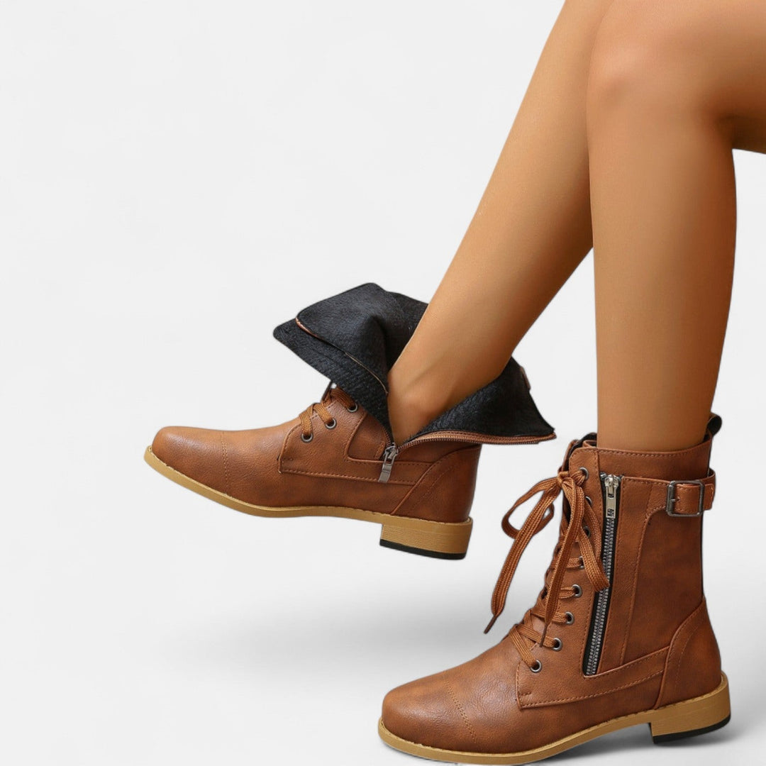 Lace-Up Ankle Boots for Women - Vintage Leather Combat Style