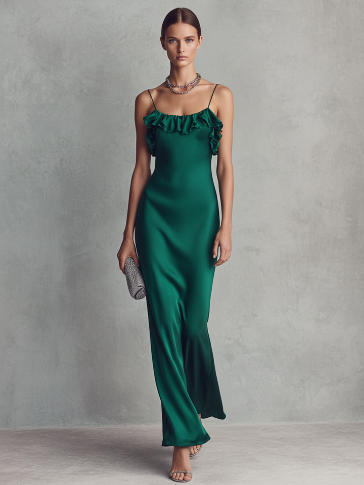 Satin Maxi Dress with Ruffle Neck - Emerald Green Formal Gown