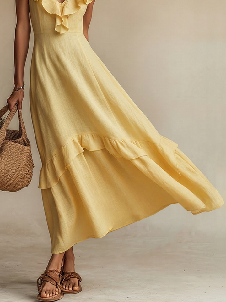 Yellow Linen Maxi Dress with Ruffle V-Neck and Hem