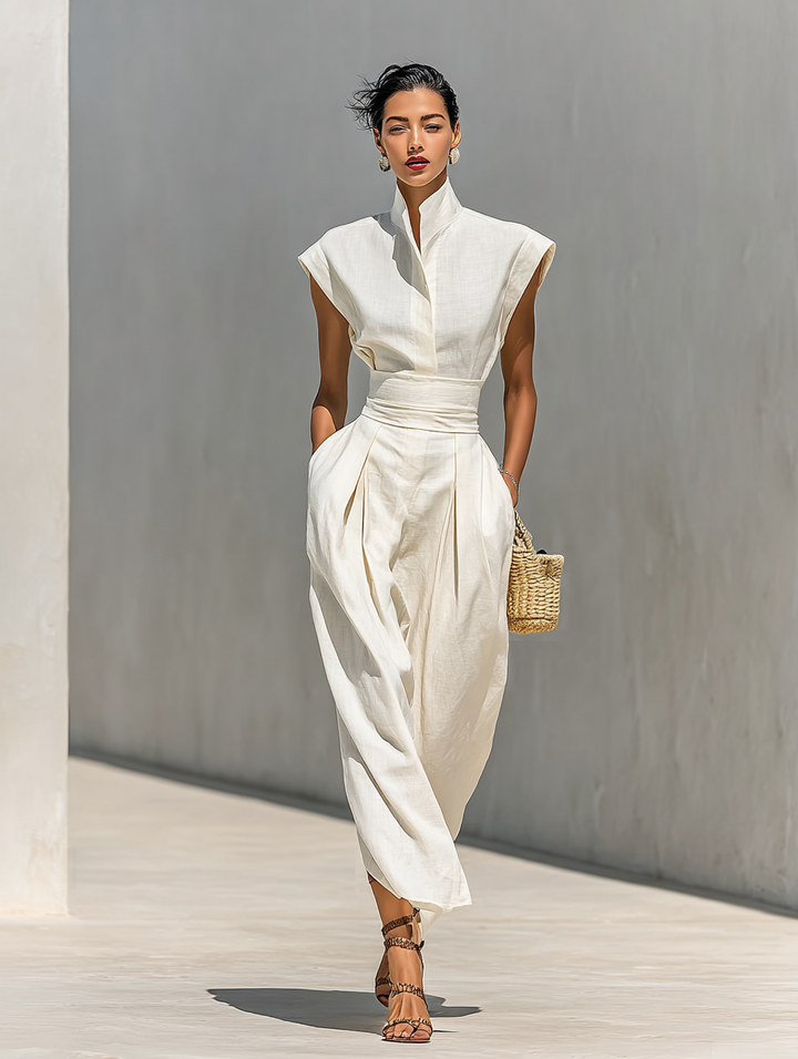 Cotton Maxi Dress with Lapel Collar and Cap Sleeves