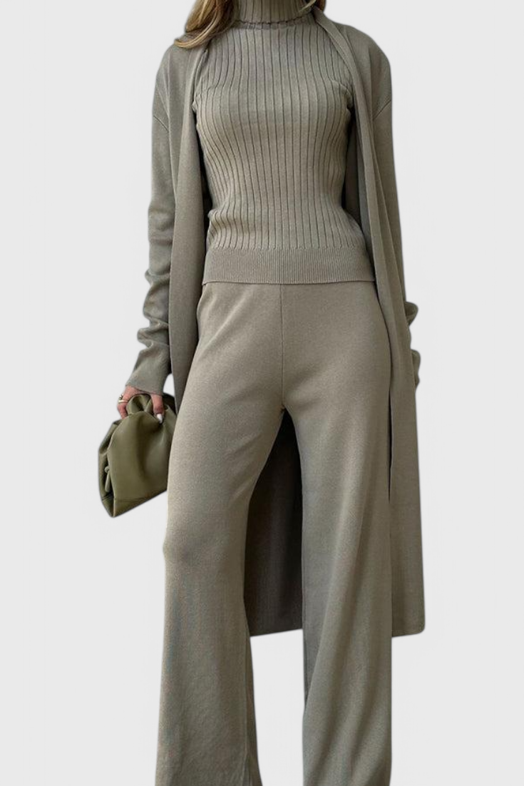 3-Piece Knit Set Long Cardigan Wide Leg Pants Turtleneck