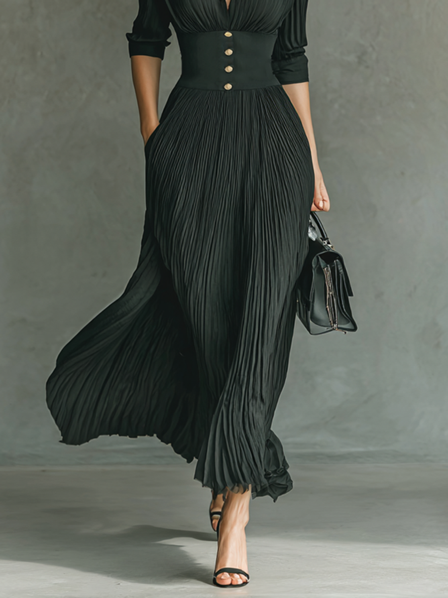 Belted Maxi Dress Long Sleeve with Pleated Skirt and Lapel Collar