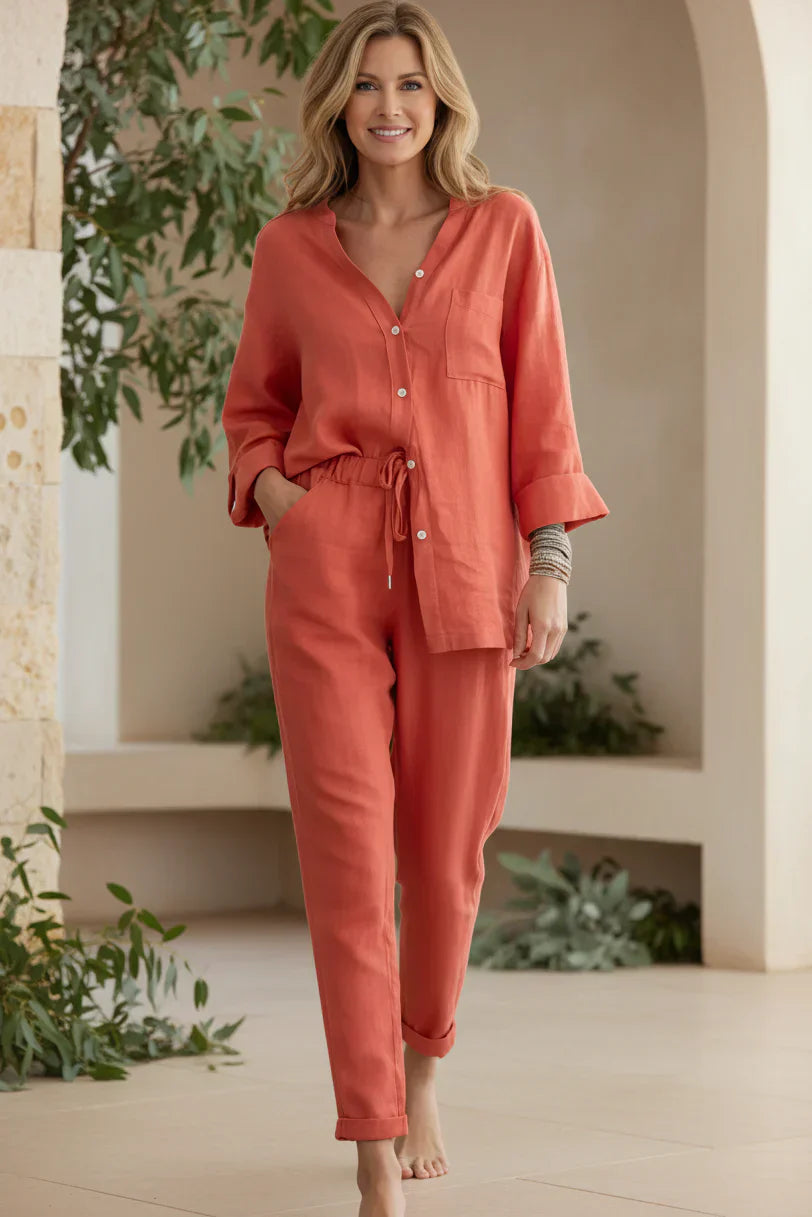 Casual Two Piece Set V-Neck Shirt and Relaxed Pants Outfit