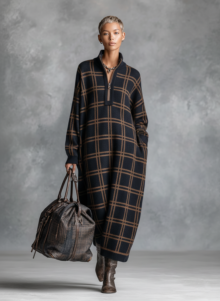 Plaid Knit Maxi Dress with Zipper Neck for Women