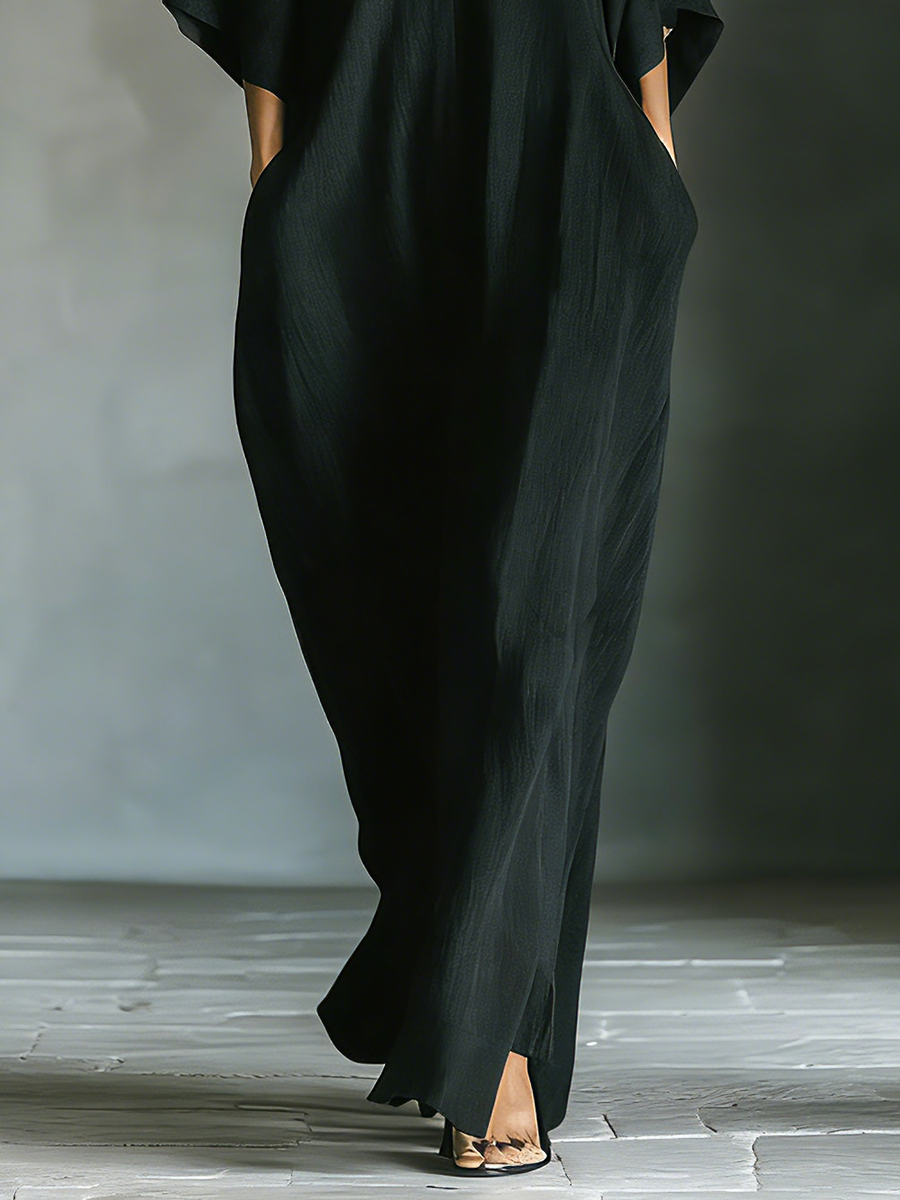 Black Maxi Dress with Pockets and Kimono Sleeves