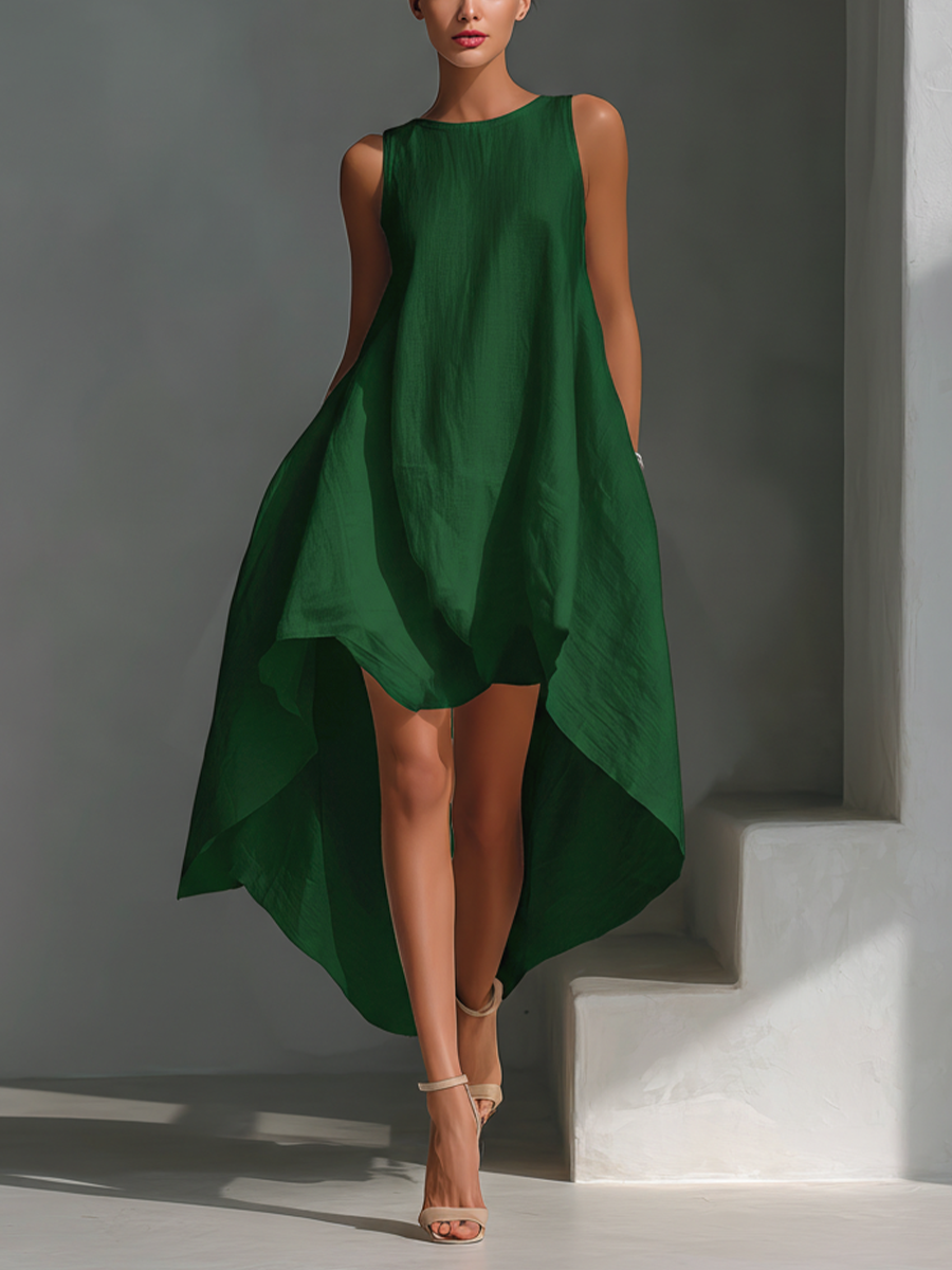 White Linen Midi Dress Sleeveless with Asymmetric Hem