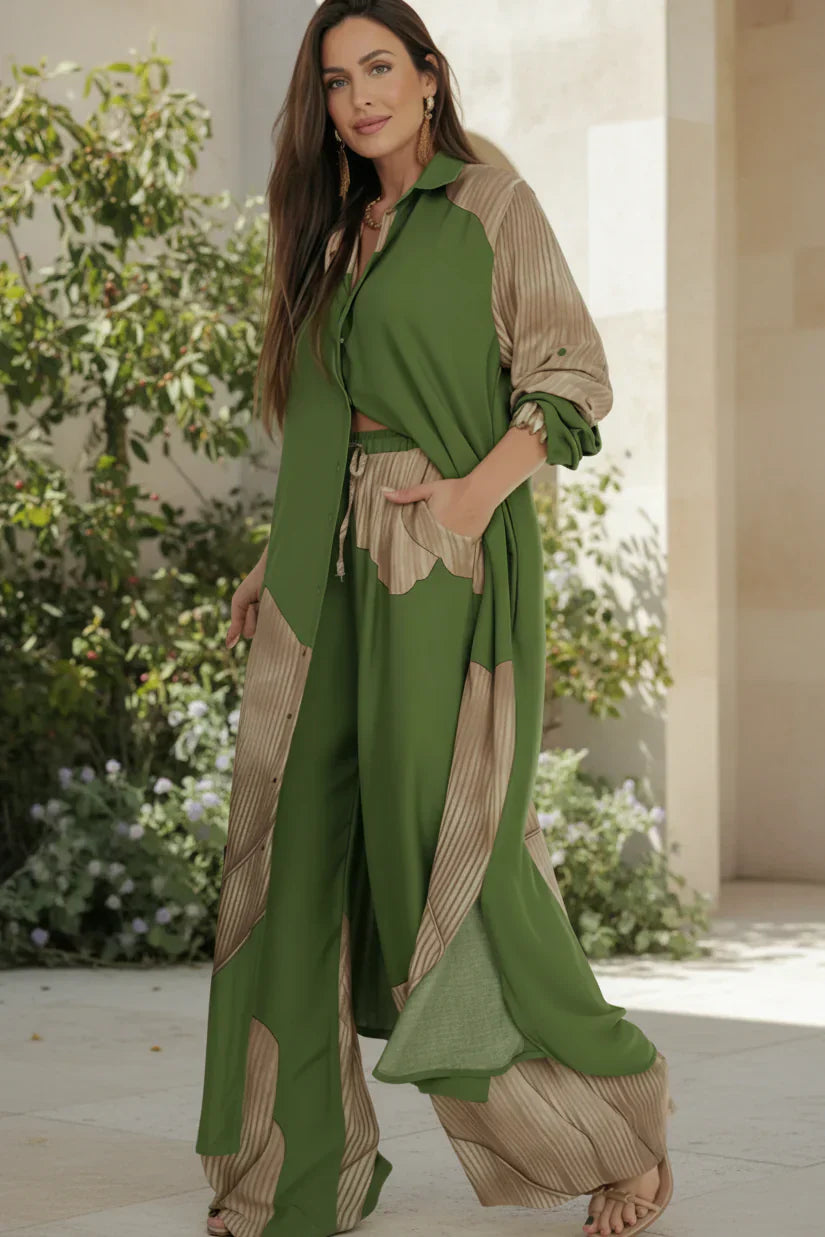 Relaxed Resort Set - Two Piece Wide Leg Pants and Button Down Top