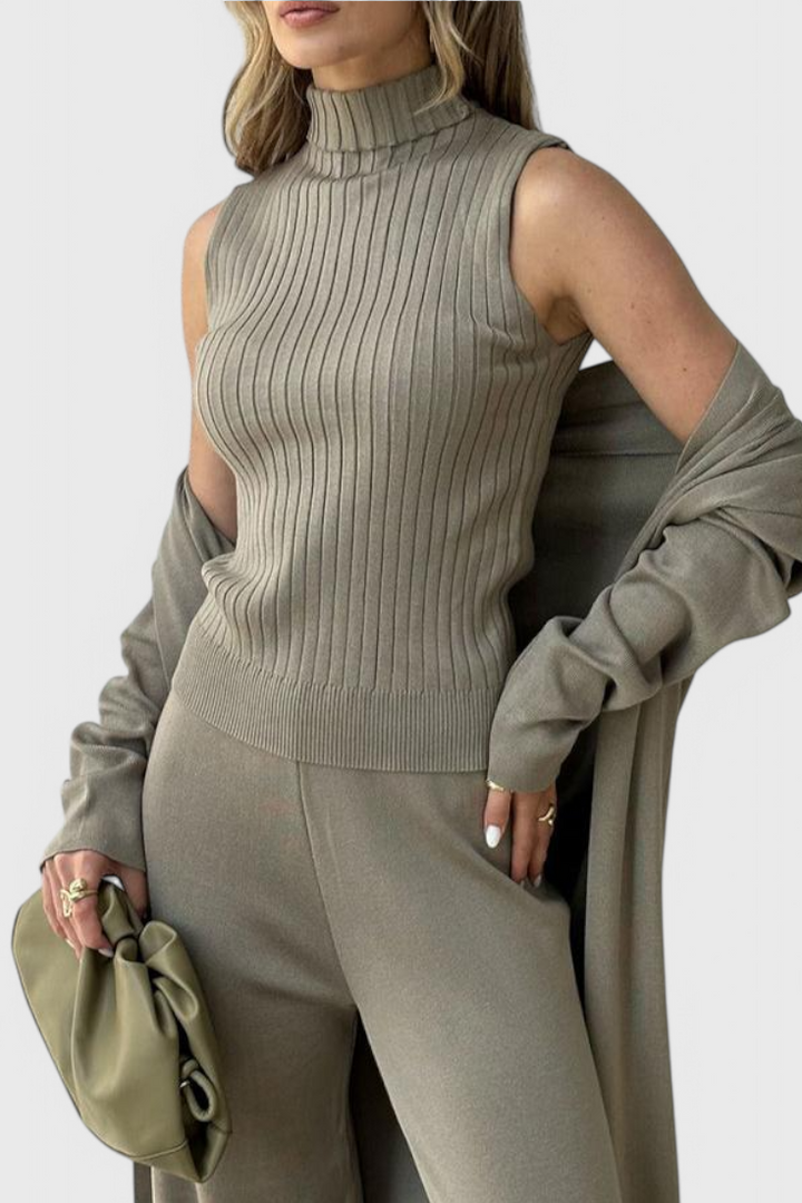 3-Piece Knit Set Long Cardigan Wide Leg Pants Turtleneck