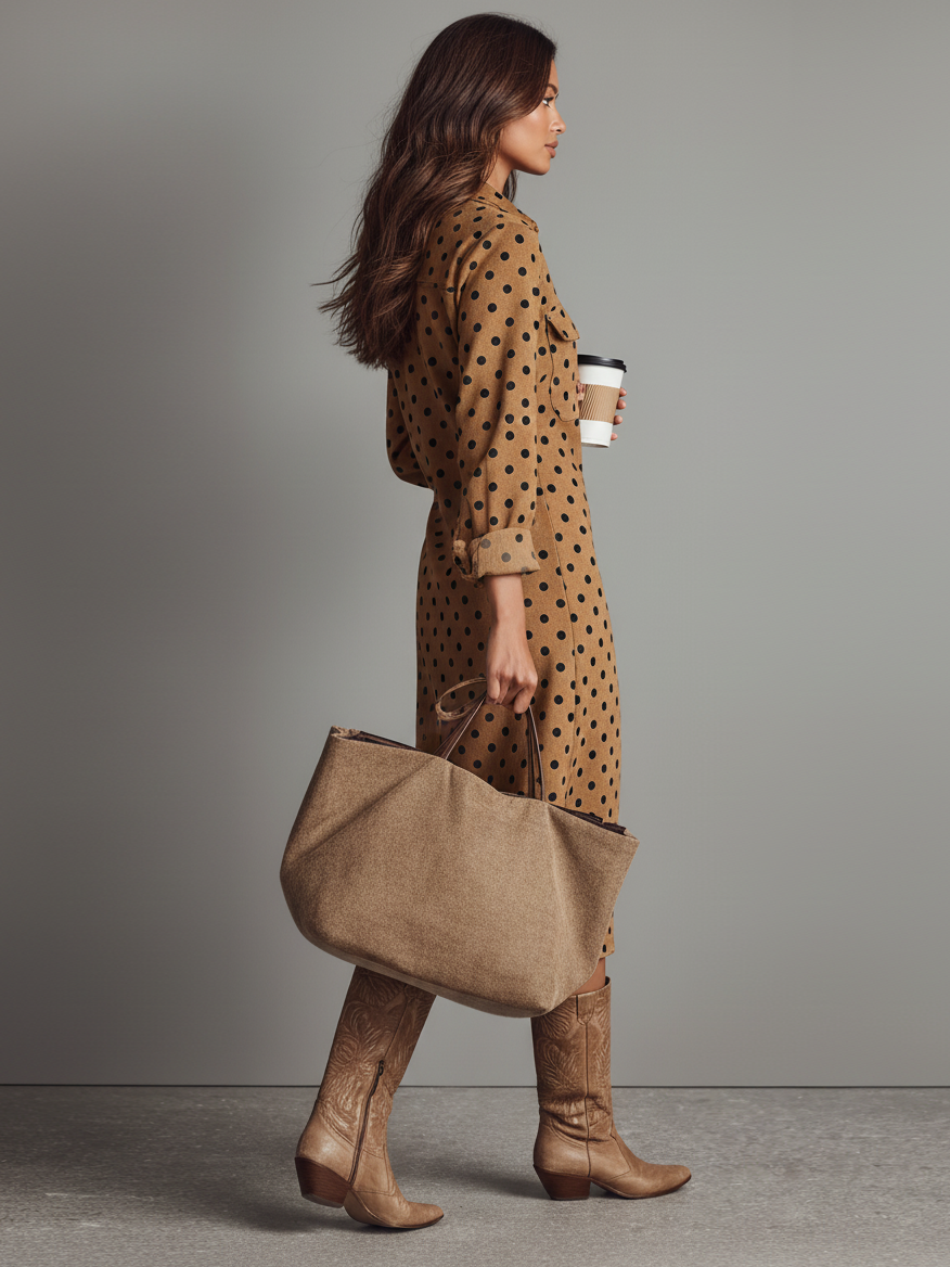 Polka Dot Midi Dress with Collar - Long Sleeve Shirt Dress