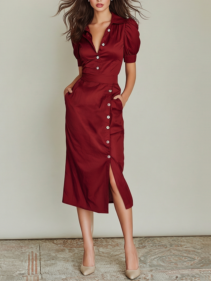 Burgundy Satin Midi Dress with Button Front and Side Slit