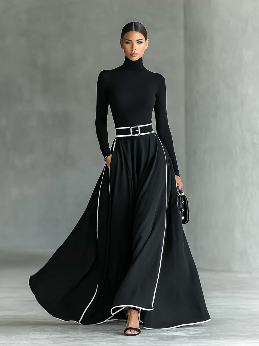 Black Maxi Dress with White Trim and Belted Waist