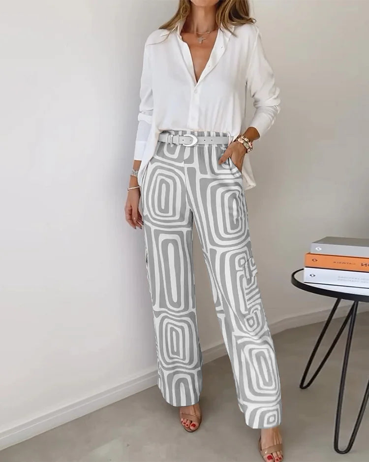 Two Piece Set for Women with Belt - Geometric Print Outfit