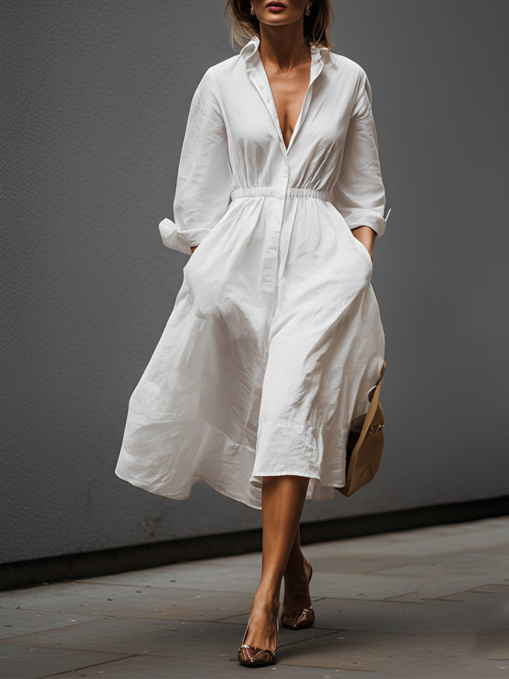 White Linen Shirt Dress for Women with Elastic Waist