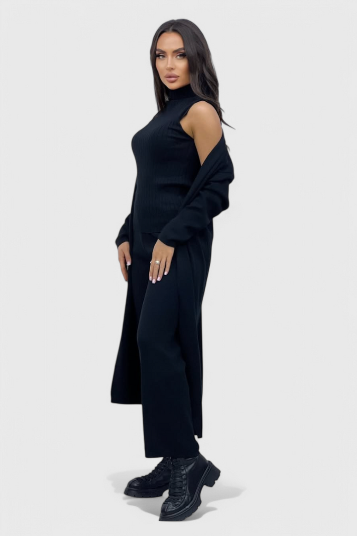3-Piece Knit Set Long Cardigan Wide Leg Pants Turtleneck
