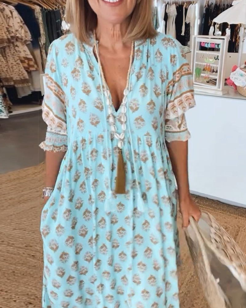 Summer Dress with V Neck and Short Sleeves for Women