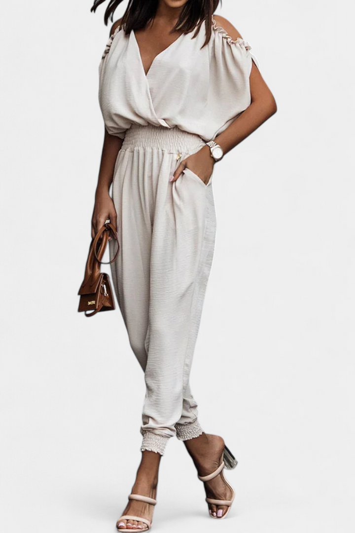 Off-Shoulder Jumpsuit with Knotted Detail and Elastic Waist