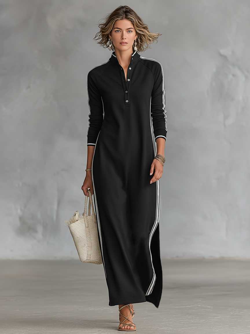 Minimalist Maxi Sweatshirt Dress with Collar and White Trim