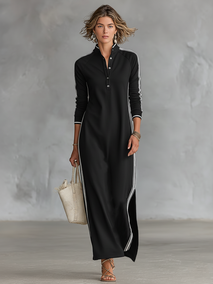 Minimalist Maxi Sweatshirt Dress with Collar and White Trim