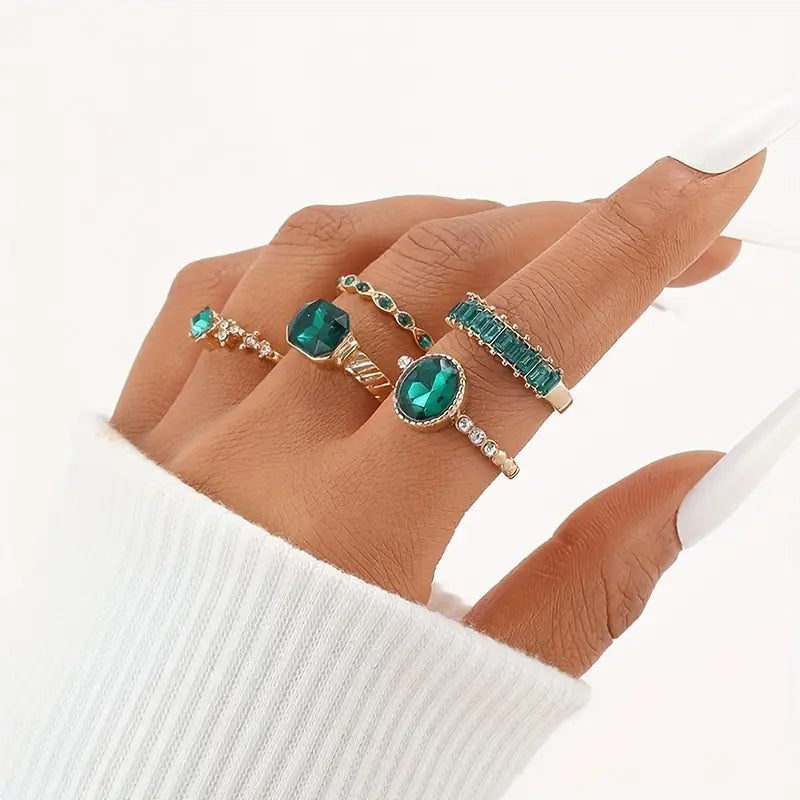 Emerald Ring Set Gold Plated Statement Jewelry for Women