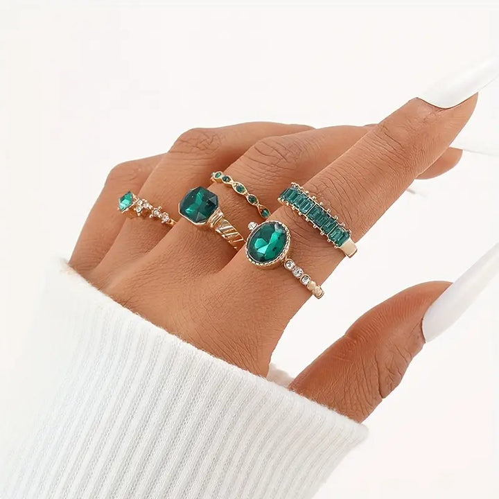 Emerald Ring Set Gold Plated Statement Jewelry for Women