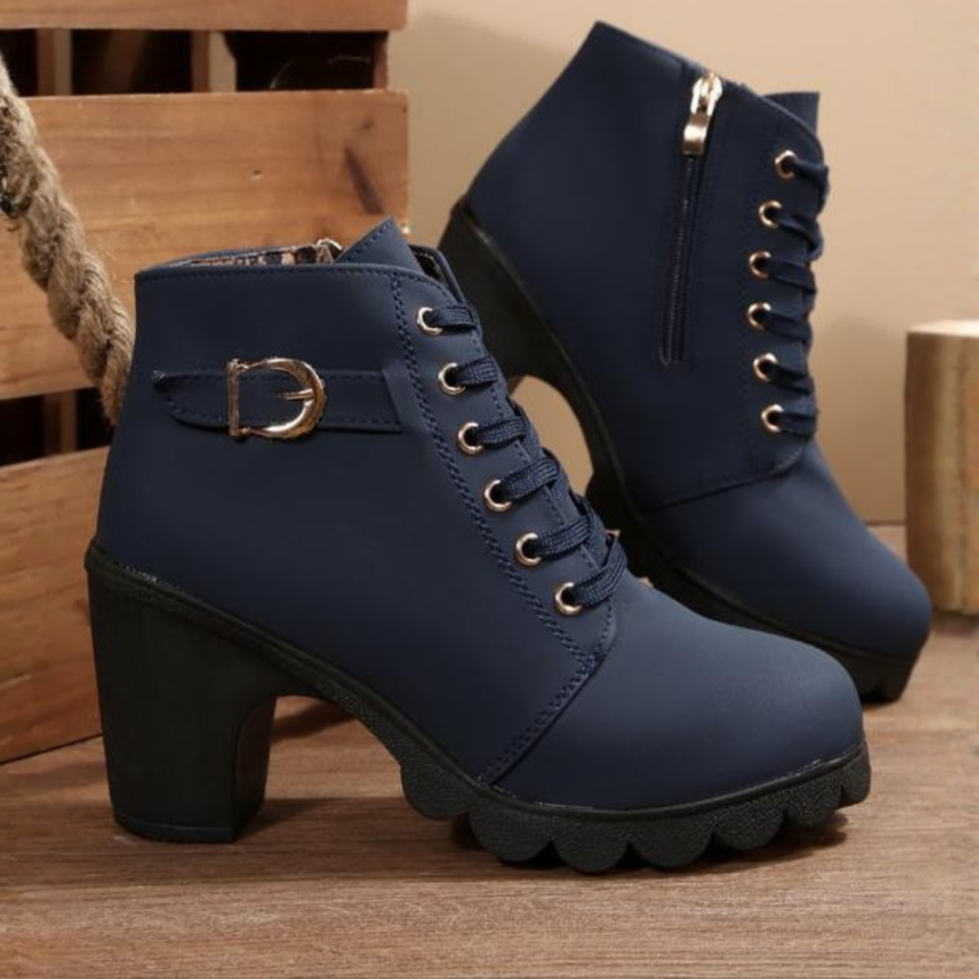 Lace Up Ankle Boots with Buckle Strap and Chunky Block Heel
