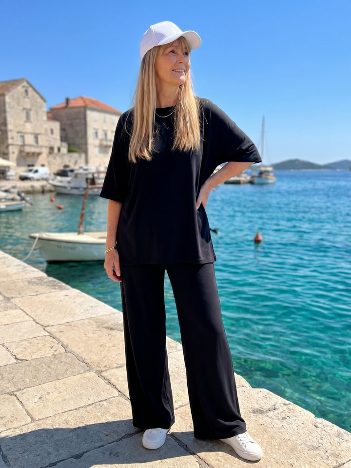 Oversized Two Piece Set - Short Sleeve Top and Wide Leg Pants