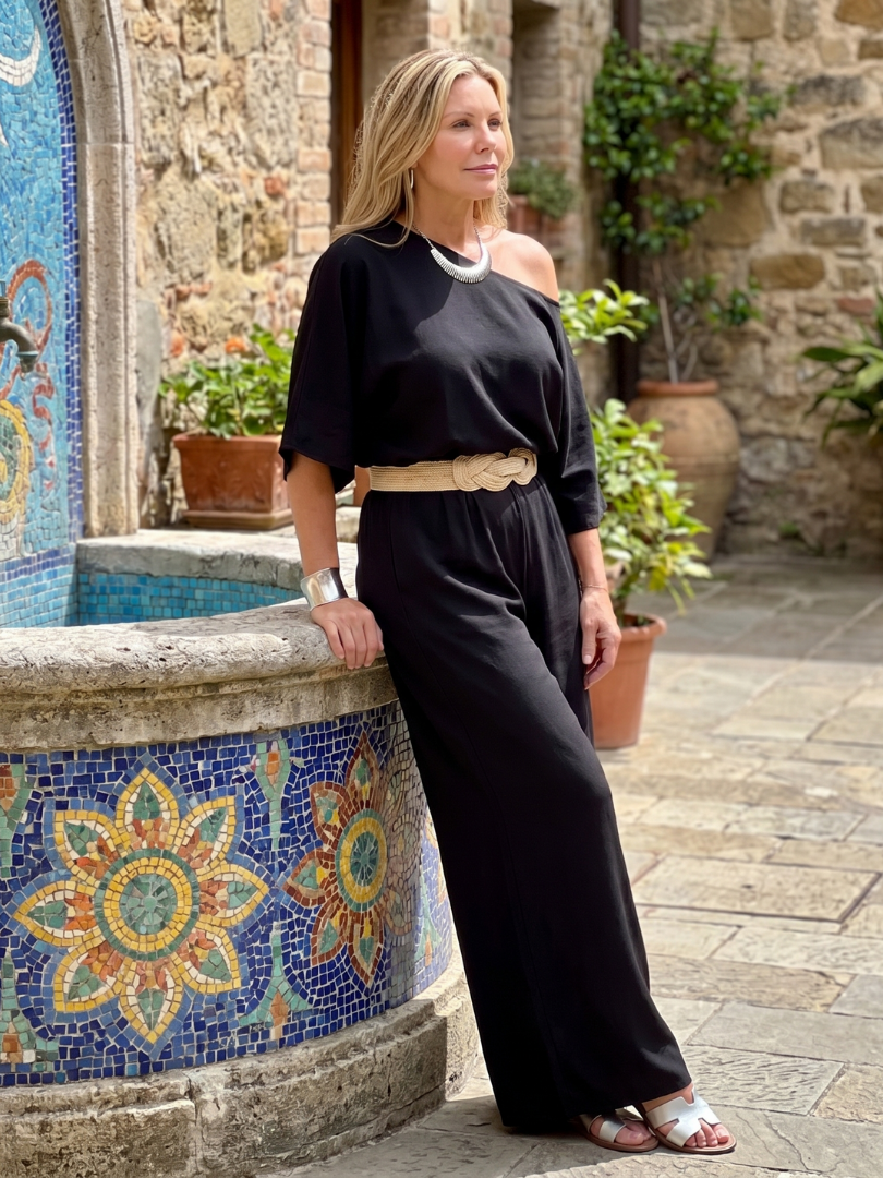 One Shoulder Top and Wide Leg Pants Set for Women