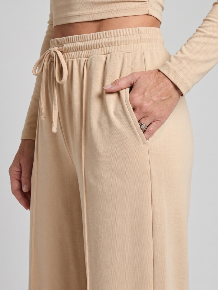 Two Piece Set Long Sleeve Crop Top Wide Leg Pants for Women