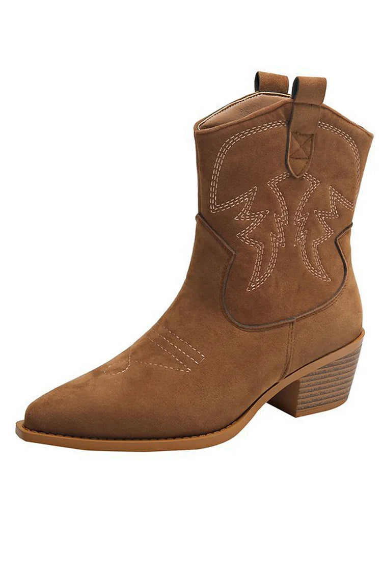 Western Ankle Boots for Women Brown Suede Pointed Toe