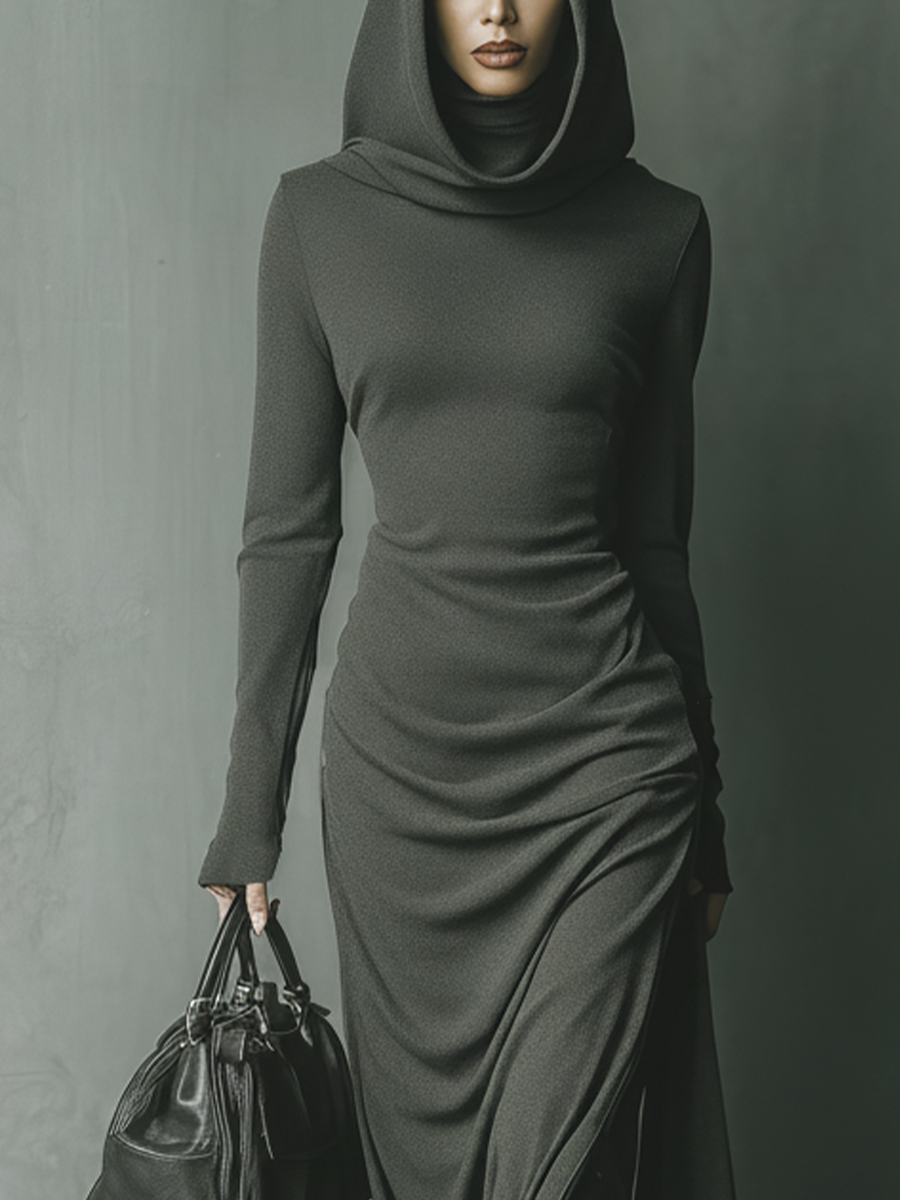 Hooded Maxi Dress Knit Long Sleeve Lounge Dress