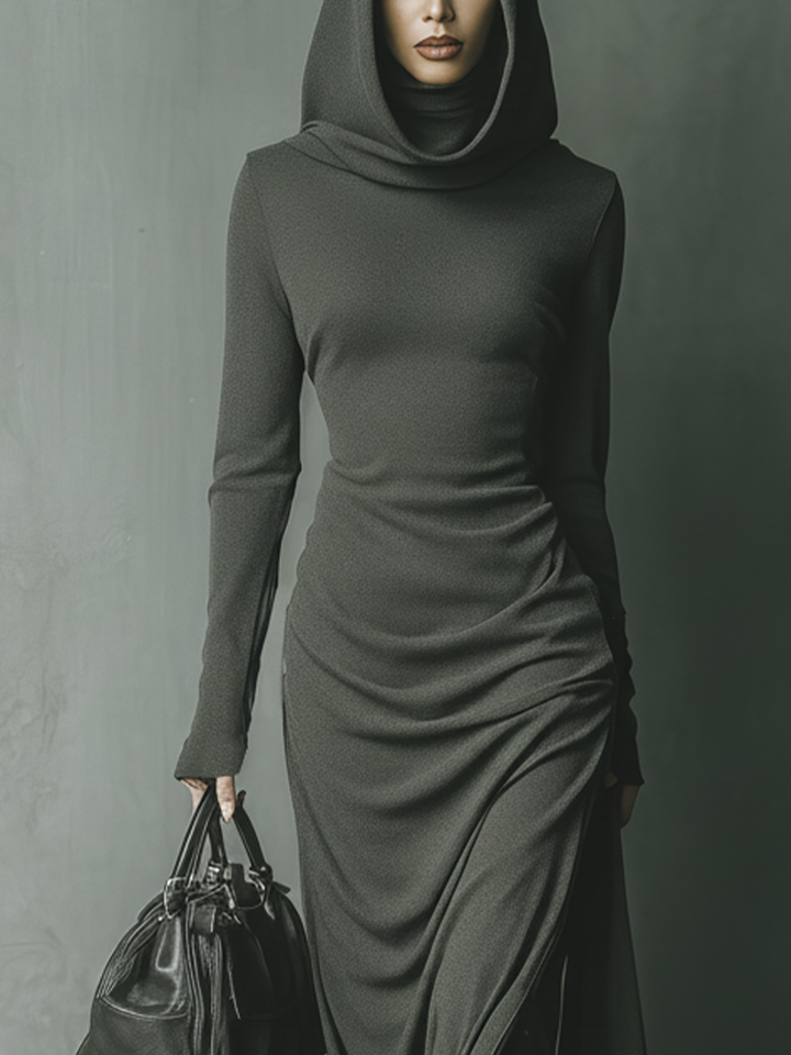 Hooded Maxi Dress Knit Long Sleeve Lounge Dress