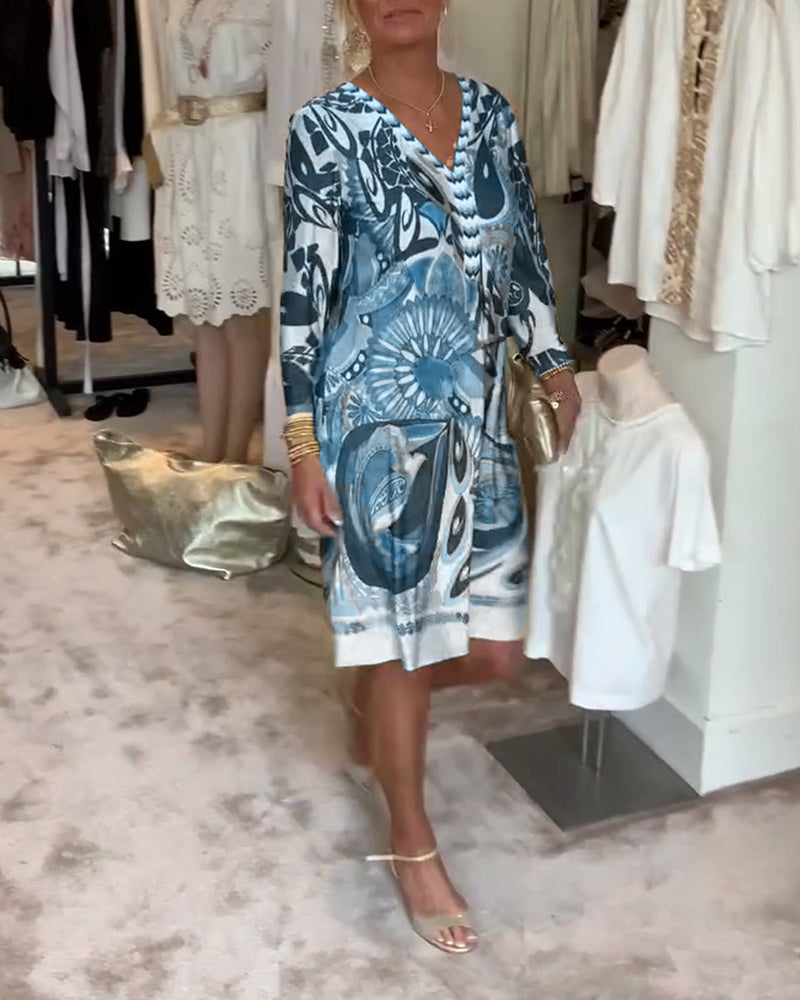Vintage Print Dress with Short Sleeves for Women