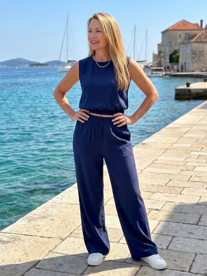 Two Piece Pants Set - Sleeveless Top Wide Leg Outfit