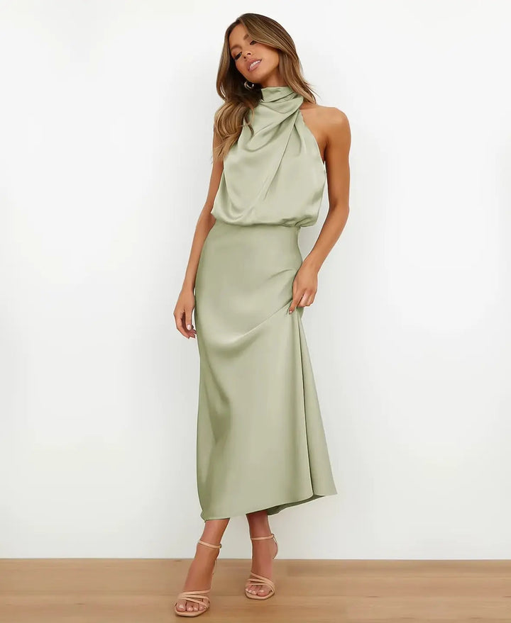 Midi Dress with Draped Neckline - Elegant Stretchy Fitted Dress